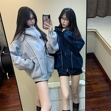 抖音得物高品质秋冬美式高街重磅结构辑明线纹理连帽卫衣外套W111，女装短外套，电商A486-1