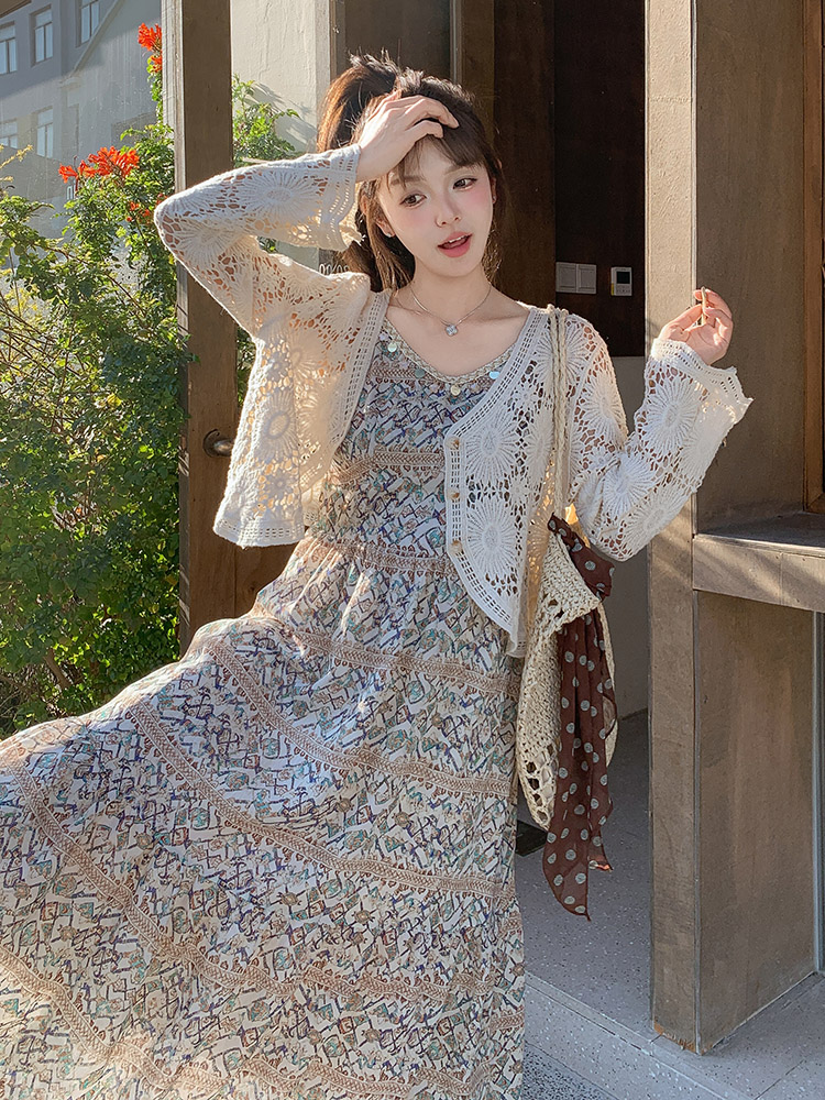 波西米亚度假风连衣裙民族风印花显瘦吊带裙防晒开衫裙,女装连衣裙,浙宝192（原082）