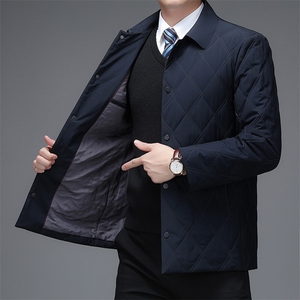 冬季新款男士翻领格子棉服中年商务休闲爸爸装棉衣加厚保暖外套图片