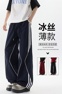 美式高街条纹裤子男夏季冰丝宽松冲锋户外工装伞兵阔腿裤KZ047P55图片