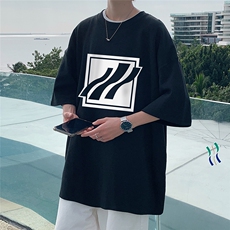 港风纯棉夏季休闲宽松新款印花短袖T恤女情侣T6024P25控38，男装T恤，电商A268A