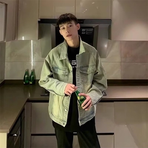 309-P60 美式复古做旧牛仔衬衫男外套长袖拉链百搭水洗休闲开衫图片