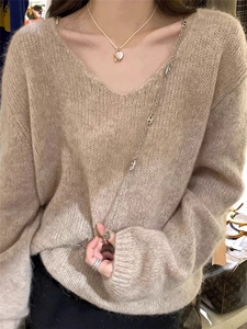 韩系宽松温柔系软糯显瘦V领100羊毛针织衫女毛衣打底上衣秋冬图片