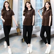 2021夏季新款简约优雅时尚气质连帽休闲舒适两件套，女装套装/套裙，魅影