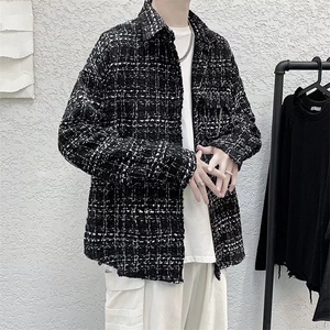 痞帅外套男ins潮牌港风格纹编织毛呢外套衬衫RC30P50图片