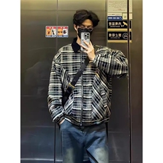 春秋韩版复古时髦飞行员格子纹夹克男士宽松翻领外套潮流YJK28，男装夹克，星座208-5
