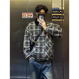 春秋韩版复古时髦飞行员格子纹夹克男士宽松翻领外套潮流YJK28图片