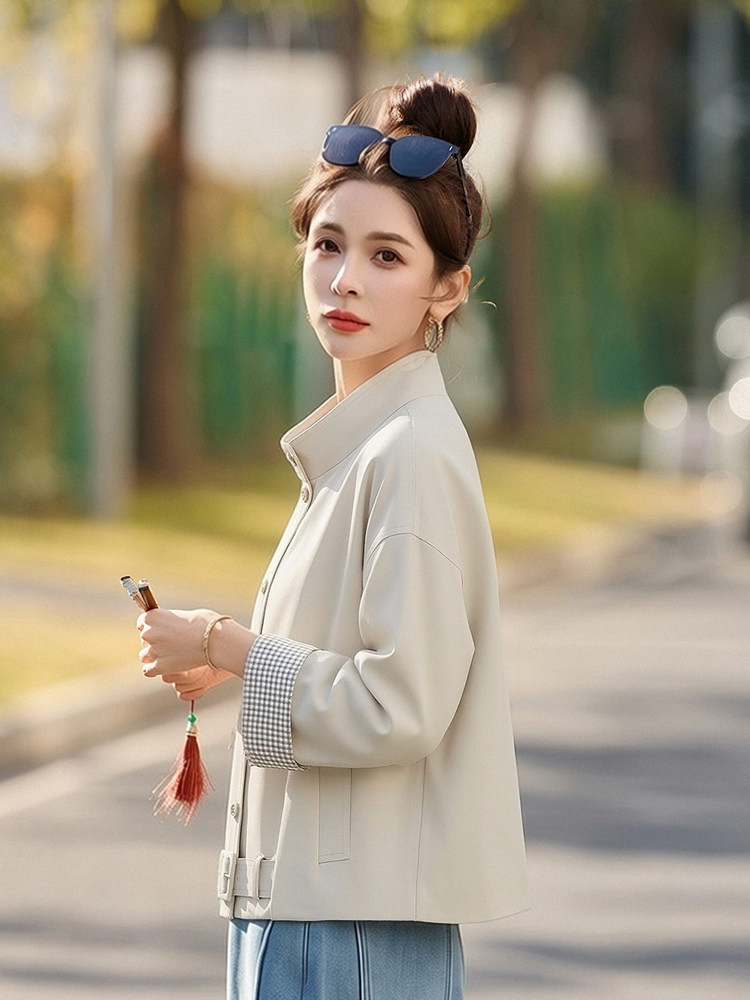现货宽松拼色格子立领短外套女,女装短外套,韩蔻秀