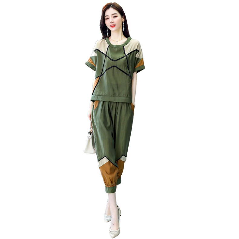 2021夏季新款时尚休闲圆领拼色套装,女装套装/套裙,橙子家