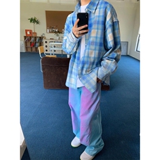 粉色现货-蓝色格子衬衫男夏季长袖情侣衬衣CS266特P36，男装衬衫，星座1007（原301D）