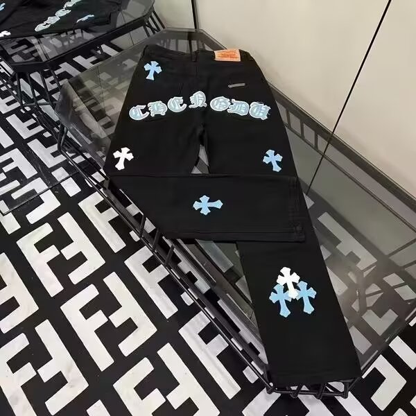 1506-1/G6390/P48重工拼皮梵文刺绣十字架高街牛仔裤,男装牛仔裤,星座1506A