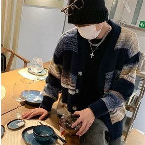日系复古撞色条纹开衫毛衣外套男款秋冬潮牌慵懒风休闲宽松针织衫图片