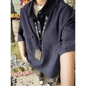 美式复古泡泡纱肌理感短袖衬衫男夏季套头工装衬衣痞帅POLO衫T恤图片