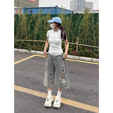 夏季小狗刺绣牛仔短裤男女潮流宽松直筒阔腿破洞七分裤LA3377-P50，男装牛仔裤，星座1008