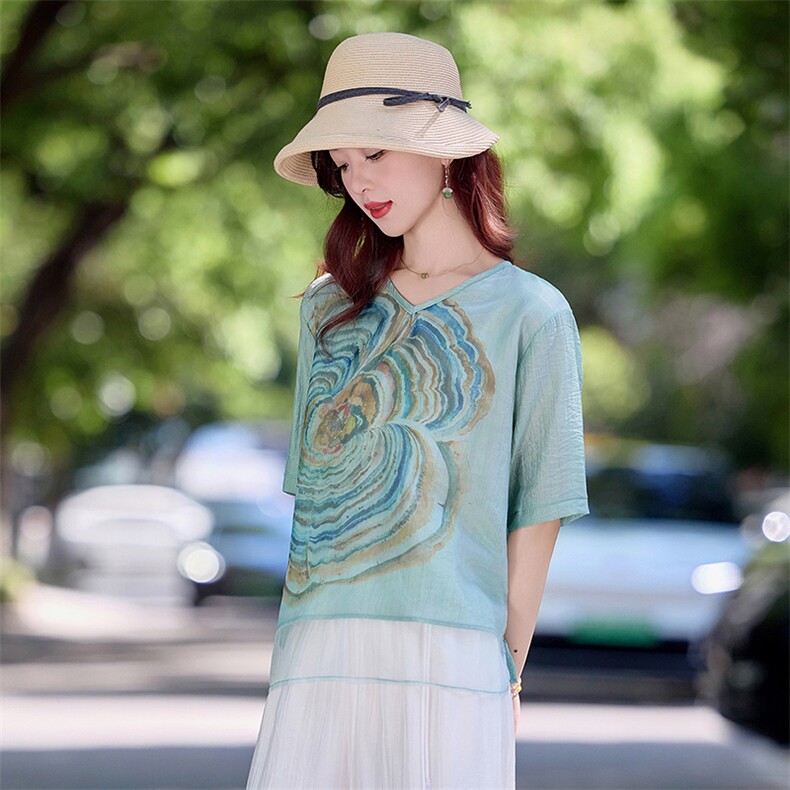 现货！夏季新款2025套装女简约时尚优雅气质天丝麻料印花上衣,女装衬衫,涵墨