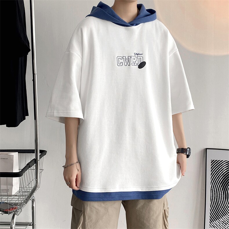 新款时尚港风潮牌字母刺绣假两件短袖青少年连帽T恤ZDL3206-P56,男装T恤,星座717