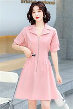 2024夏季新款简约优雅气质翻领休闲时尚高腰舒适修身连衣裙，女装连衣裙，三木叶子