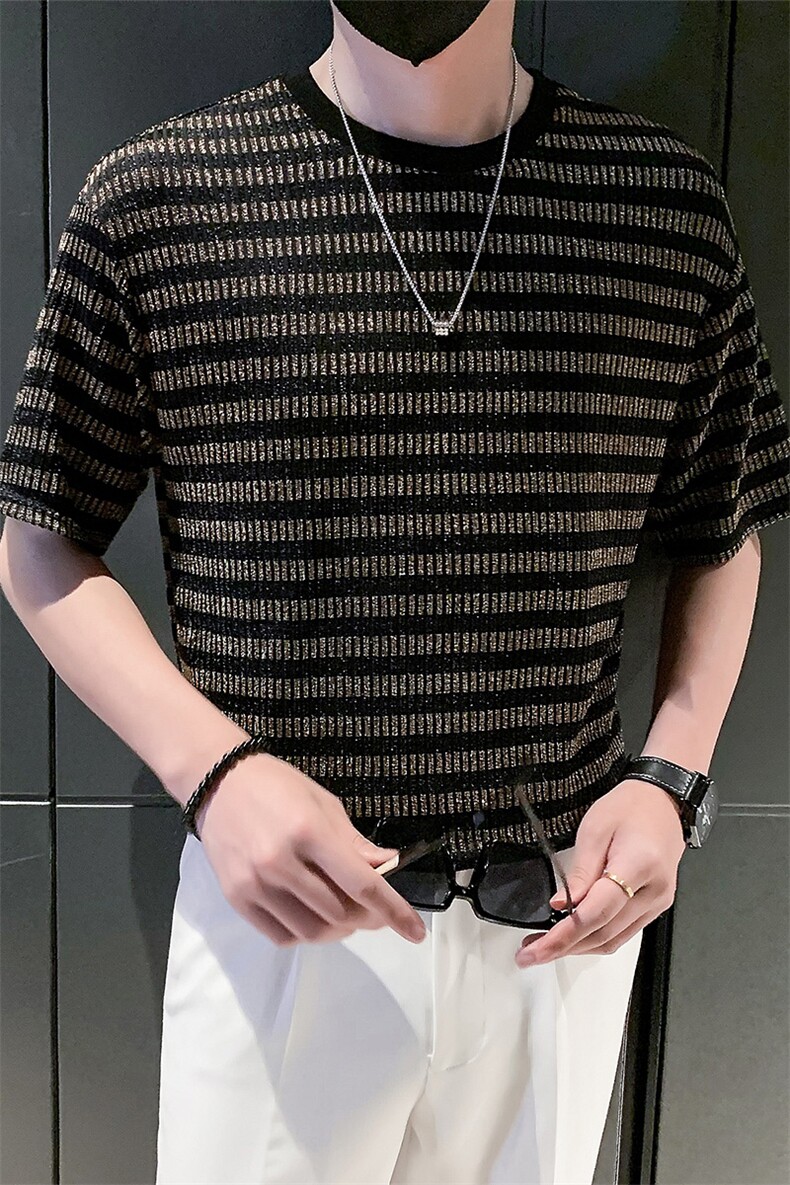 2025新款夏季短袖T恤男潮牌条纹格子圆领上衣体恤A313-1-6887-P40,男装T恤,电商A313-1