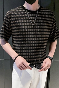 2025新款夏季短袖T恤男潮牌条纹格子圆领上衣体恤A313-1-6887-P40图片