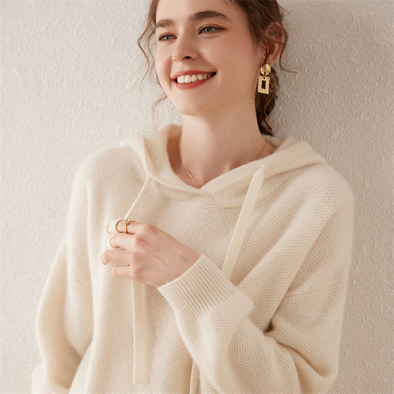 2024新款山羊绒连帽卫衣女宽松秋冬毛衣外套纯色针织加厚羊绒帽衫，女装羊绒衫，轩妮羊绒