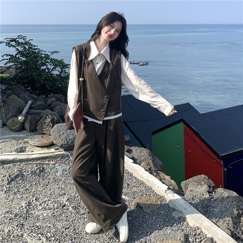 设计感马甲+衬衣+休闲裤天丝材质三件套，女装套装/套裙，浙宝186