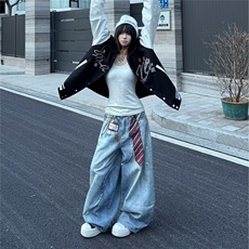 N9015-P58冰蓝色阔腿牛仔裤女秋季2025年高腰显瘦百搭高级感宽松，男装牛仔裤，电商B323A