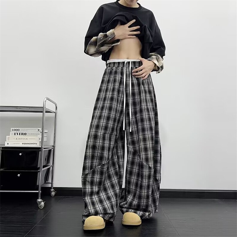 秋季新款2025慵懒风格子裤男女双腰头拼接宽松阔腿裤-A2225TP45图片
