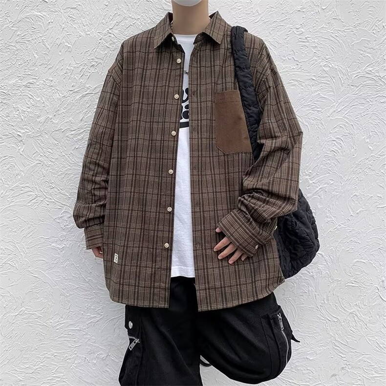 春秋季日系休闲潮流复古格子外套男港风帅气宽松上衣W7084-P28,男装衬衫,星座512-2