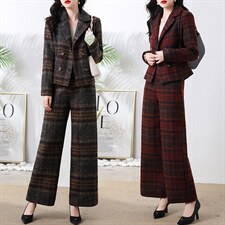 毛呢时尚套装女2024年冬装新款两件套阔腿裤韩版修身气质西装外套，女装套装/套裙，罗得堡