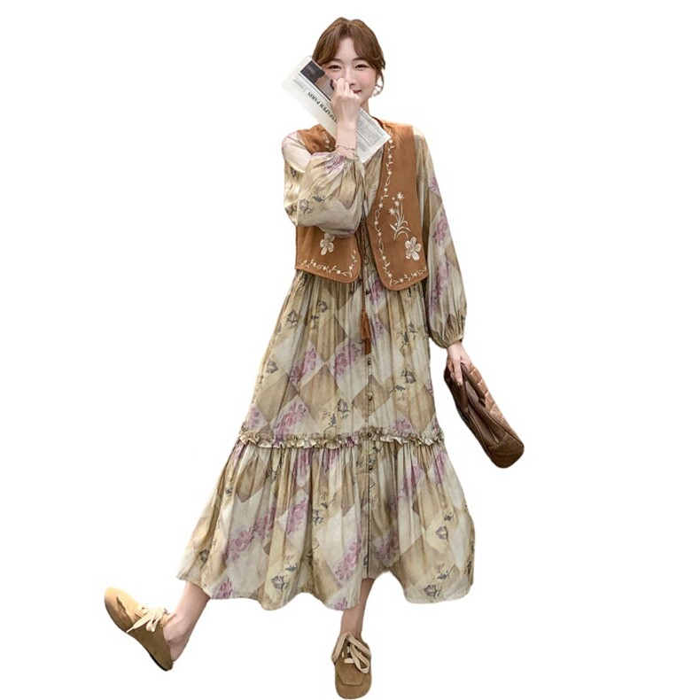 刺绣马甲配裙子套装女秋印花连衣裙两件套,女装套装/套裙,2C211
