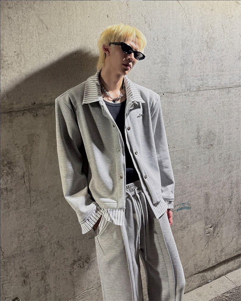 25秋冬男士条纹拼接假两件垫肩卫衣运动套装TZ23-衣服p88裤子p68,男装休闲套装,电商B288