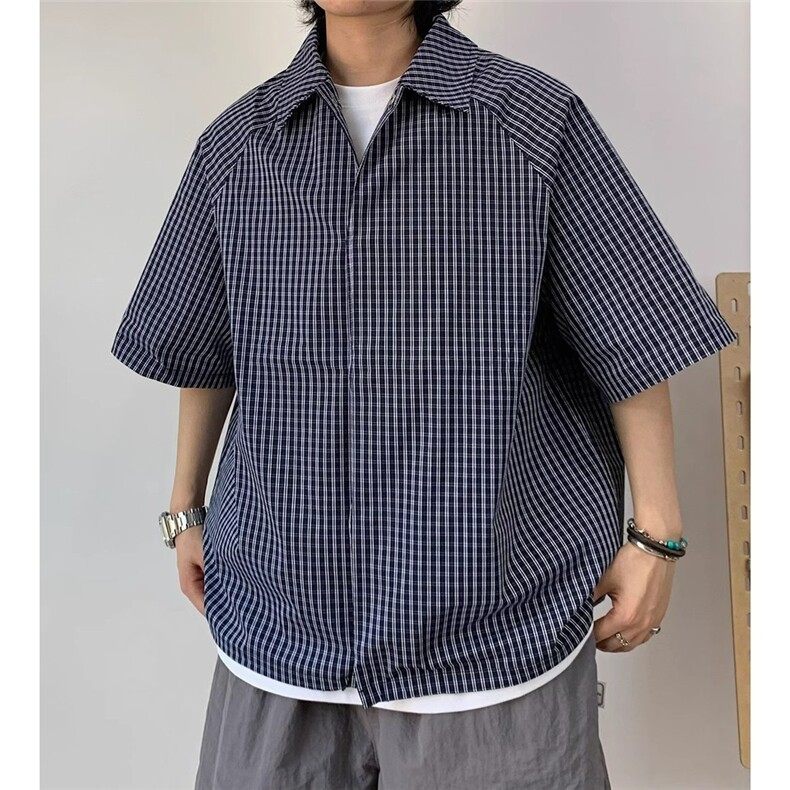 2276美式复古格纹短袖衬衫宽松休闲格子衬衣日系百搭半袖上衣，男装T恤，星座308A-1（原309B-1）