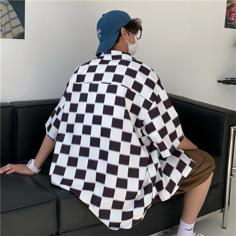 棋盘格短袖衬衫男设计感小众2023新款韩版宽松衬衣潮CS0754-P35,男装衬衫,星座308B-1