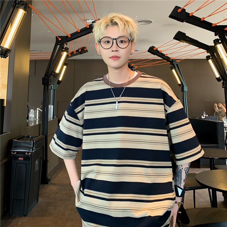 CB0104-P38夏季潮牌短袖男日系条纹T恤港风ins潮流复古T恤上衣,男装T恤,电商C233