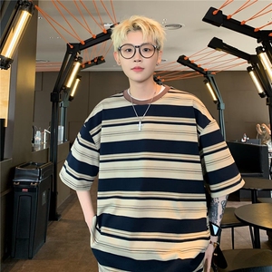 CB0104-P38 夏季潮牌短袖男日系条纹T恤港风ins潮流复古T恤上衣图片