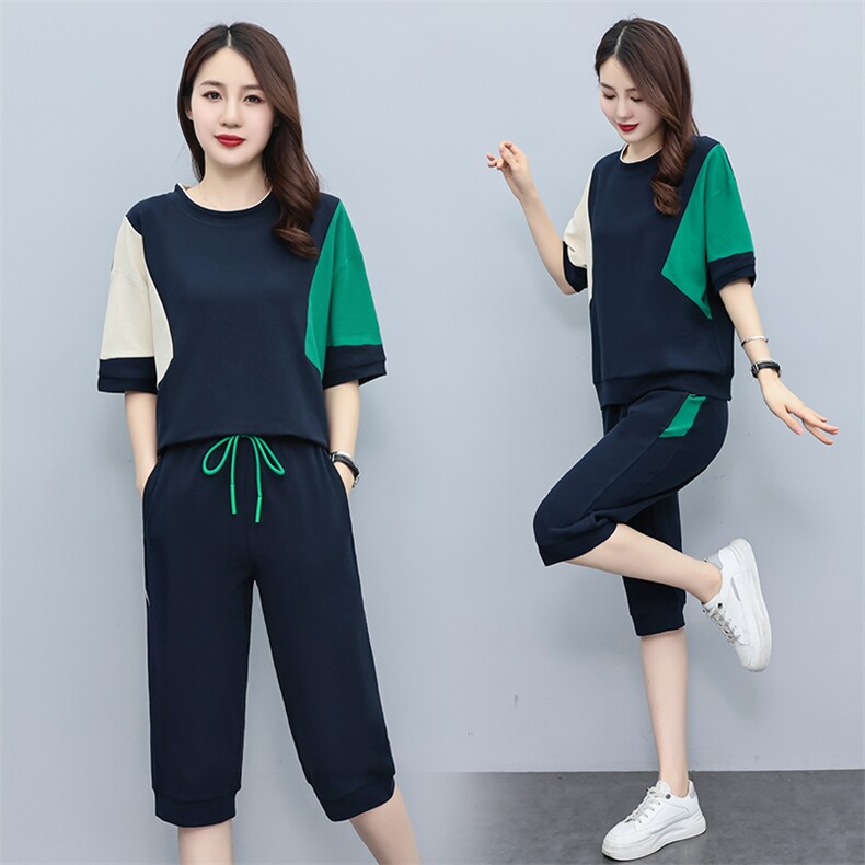 休闲运动女装季新款2025韩版时尚短袖五分裤拼接洋气潮,女装运动套装,凯瑟曼