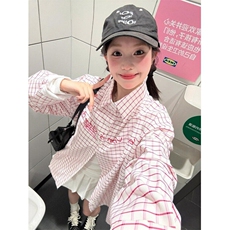 韩系少女风粉色格子衬衫外套女夏季字母印花polo领防晒衫C4122，男装Polo衫，星座1116A（原606A-3）