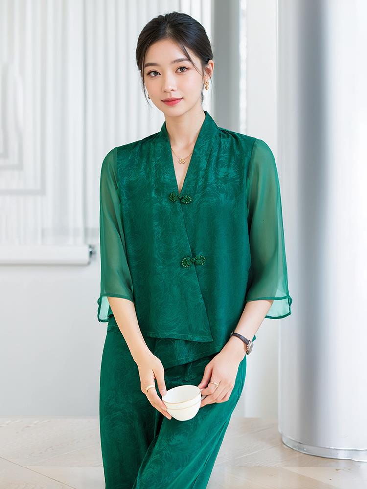 高端妈妈缎面套装女2025春夏新款新中式醋酸盘扣大码阔腿裤两件套,女装套装/套裙,时尚风爆