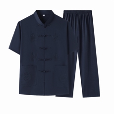 中老年人唐装短袖男夏季薄款纯色冰丝唐服半袖中山装盘扣衬衫，男装衬衫，钱塘6003（原4033）