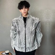 重工拉链牛仔外套男秋宽松水洗做旧痞帅夹克网图JKN1237-P85有货，男装夹克，星座302B-2