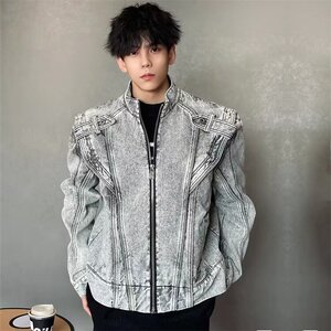重工拉链牛仔外套男秋宽松水洗做旧痞帅夹克 网图JKN1237-P85有货图片