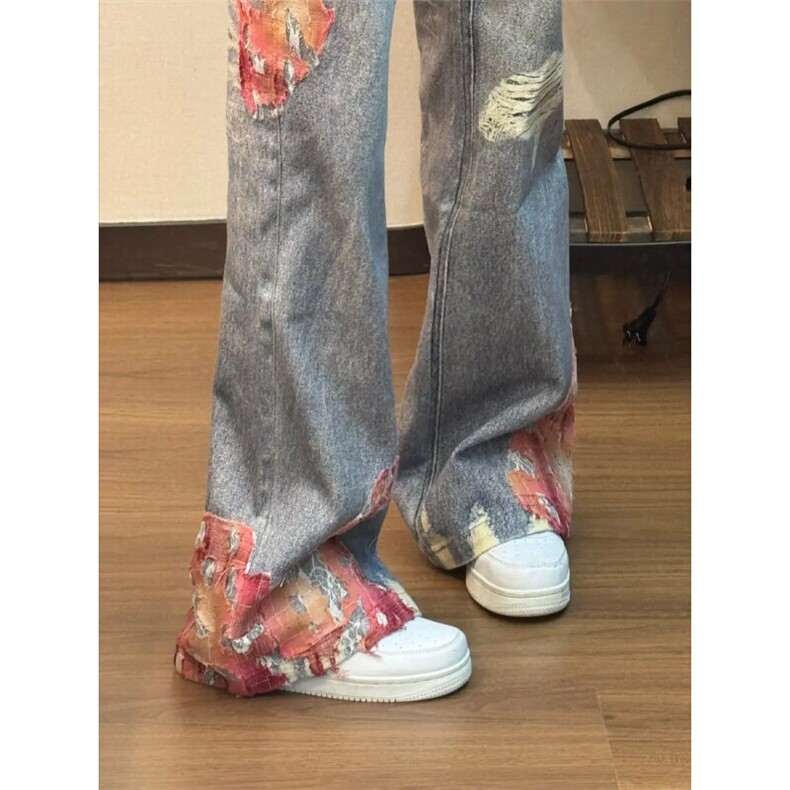 【有货】N0077LL-特P55晚霞蕾丝拼接牛仔裤潮牌美式高街微喇裤子,男装牛仔裤,星座1007（原301D）