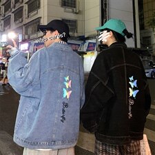 2021秋季新大码男港风情侣夜景反光炫彩蝴蝶印花牛仔外套NJ126P70，男装夹克，电商A001