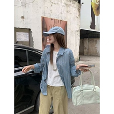蓝色格子衬衫上衣女2025新款夏季薄款慵懒风休闲宽松，男装衬衫，星座1210-1