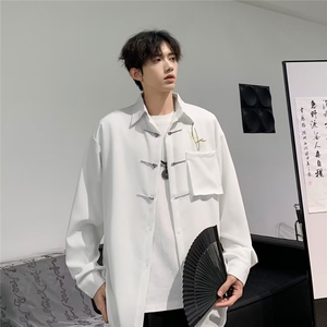 风刺绣手工缝骑兵斜衬衣男士新中式长袖衬衫痞帅唐装外套 CS01图片