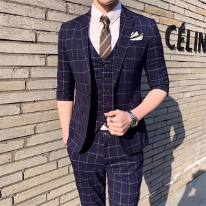 夏季商务西服三件套男装西服套装格子中袖薄款W8016-P255图片
