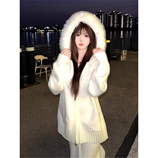 时尚连帽拉链针织外套女拼接毛领2025秋冬新款韩系慵懒风开衫，女装短外套，星座1210-1