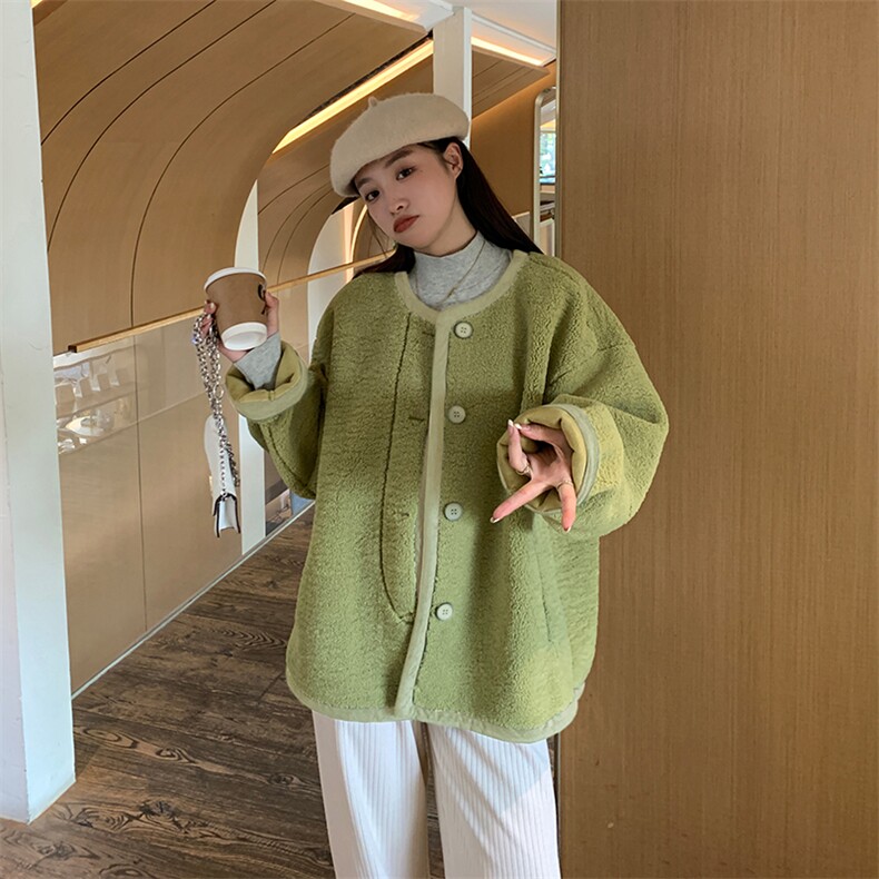 新款现货撞色羊羔毛外套,女装羊羔毛/颗粒绒,菡迪欧娜