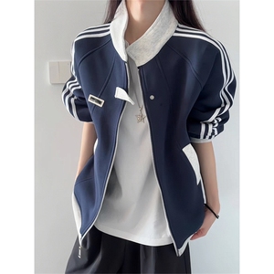 美式条纹卫衣外套男女秋季高街痞帅撞色拼接棒球服学院风立领夹克图片