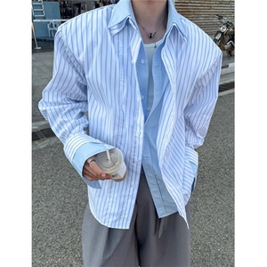 条纹拼接假两件衬衫男秋季学院风度假痞帅宽松防晒衬衣 C01图片